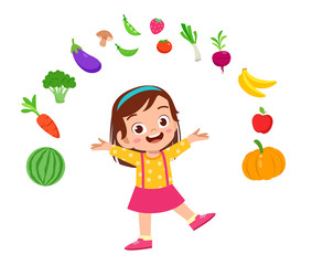 Wall Mural - cute happy kid eat salad vegetable fruits