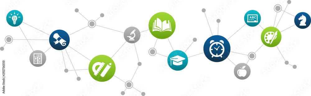 Back to school icon concept: education / studying / learning interconnected symbols - vector illustration - obrazy, fototapety, plakaty 