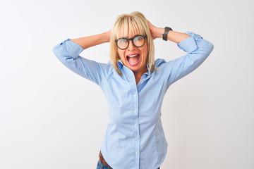 Middle age businesswoman wearing elegant shirt and glasses over isolated white background Crazy and scared with hands on head, afraid and surprised of shock with open mouth