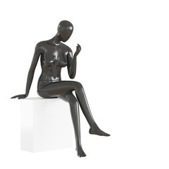 A faceless female mannequin sits on a white cube on an isolated white background. 3D rendering