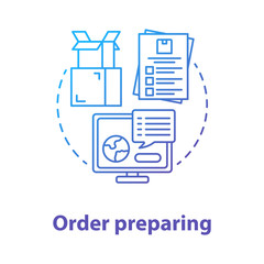 Wall Mural - Order preparing blue concept icon. Goods dispatch idea thin line illustration. Preparation parcels for transportation. Checking data in computer and clipboard. Vector isolated outline drawing
