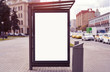 Empty billboard placeholder on the Moscow city bus stop, information banner template, space for mockup layout.