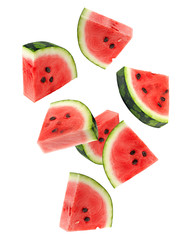 Wall Mural - falling watermelon isolated on white background, clipping path, full depth of field