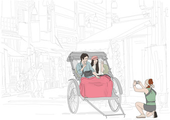 Hand drawn illustration. A tourist couple makes a peace sign while their rickshaw driver takes their photograph, while on a tour of the historic Asakusa neighborhood.