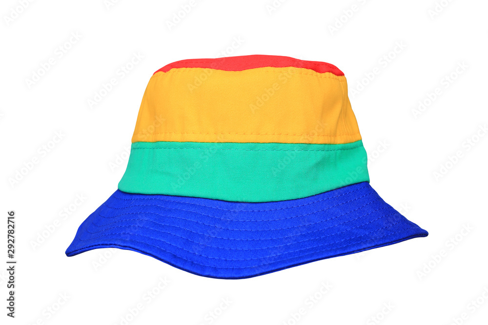Colorful fabric bucket hat isolated on white background. Sun protection beach hat. - obrazy, fototapety, plakaty 