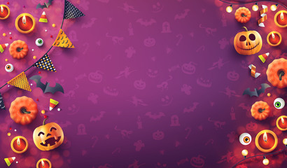 Wall Mural - Halloween  background with candle light, pumpkin and Halloween Elements on seamless pattern background.Romantic date night Concept.Website spooky,Background or banner Halloween template