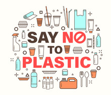 Say No To Plastic Illustration. Environmental Problem Concept. Plastic Package Line Icons Style.