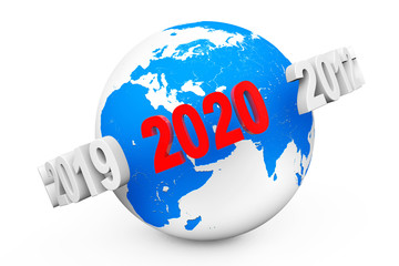 Poster - New Year Concept. 3d number 2020 around Earth Globe. 3d Rendering