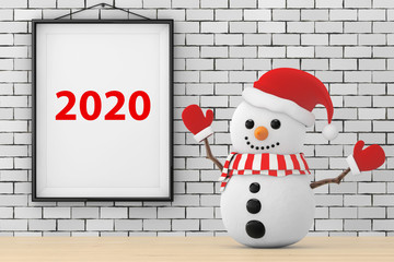 Aufkleber - Snowman in front of Brick Wall with Frame 2020 Sign. 3d Rendering