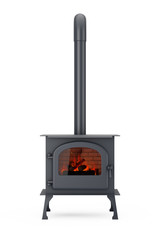 Wall Mural - Classic Оpen Home Fireplace Stove with Chimney Pipe and Firewood Burning in Red Hot Flame. 3d Rendering