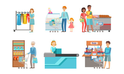 Wall Mural - People Shopping at the Supermarket Set, Men and Women Buying Clothes and Groceries, Shopping Mall Center Interior Vector Illustration