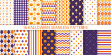 Seamless Pattern. Halloween Background. Vector. Haloween Texture With Pumpkin, Candy, Polka Dot, Star, Stripe, Zigzag. Geometric Endless Wrapping Paper Textile Print. Orange Yellow Purple Illustration