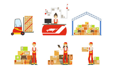 Sticker - Warehouse, Logistics and Distribution, Warehouse Building, Forklift, Shelves with Goods, Professional Workers Vector Illustration