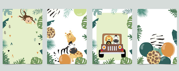 Green animal collection of safari frame set with leaf,leaves vector illustration for birthday invitation,postcard,logo and sticker