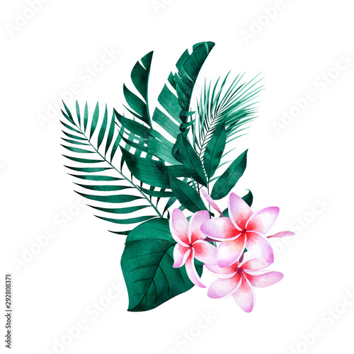 kompozycja-roslin-tropikalnych-i-kwiatow-botaniczne-akwarela-zielone-liscie-egzotyczne-palma-kokosowa-monstera-drzewo-bananowe-plumeria