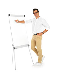 Wall Mural - Professional business trainer near flip chart on white background