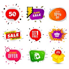 Get Extra 10% off Sale. Banner badge, flash sale bubble. Discount offer price sign. Special offer symbol. Save 10 percentages. Last minute offer. Sticker badge, comic bubble. Discounts box. Vector