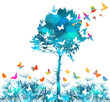 © Мария Неноглядова - silhouette of grass on white background. Picturesque landscape with a tree and butterflies. Multi-colored butterflies. Vector illustration