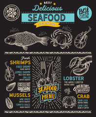 Seafood menu food template for restaurant with doodle hand-drawn graphic.