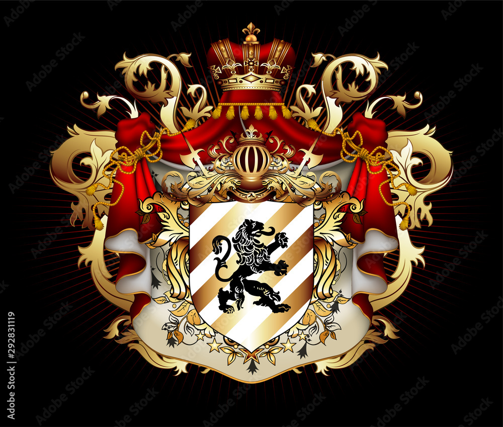 Heraldic shield with a crown and royal mantle, richly ornamented, on a ...