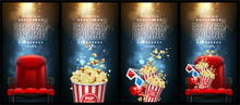 Advertising For The Film Industry. Theater Chair, Popcorn, Glasses And Tickets. 3D Vector. High Detailed Realistic Illustration