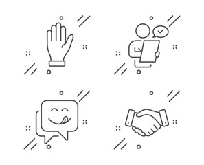 Poster - Hand, Yummy smile and Customer survey line icons set. Employees handshake sign. Waving palm, Emoticon, Contract. Deal hand. People set. Line hand outline icon. Vector