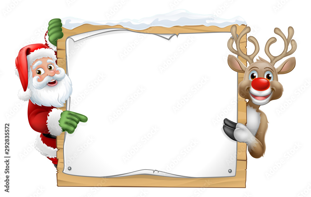 Santa Claus and Christmas reindeer cartoon characters peeking around a wooden sign and pointing at it - obrazy, fototapety, plakaty 