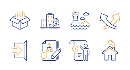 Wall Mural - Manual doc, Lighthouse and Open box line icons set. Skyscraper buildings, Intersection arrows and Algorithm signs. Exit, Home symbols. Project info, Navigation beacon. Industrial set. Vector