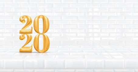 Poster - Happy new year 2020 (3d rendering) in perspective white tile table and wall room,Holiday concept,Leave space for display of product for advertise promotion.Holiday banner