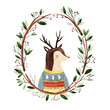 christmas deer in a floral frame - watercolor illustration. Hipster animal