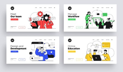 Set of Presentation slide templates or landing page websites design. Business concept illustrations. Modern flat outline style.