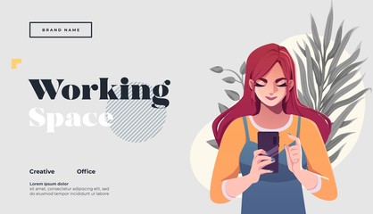 working space landing page template. young female freelancer is sitting in modern hipster cafe at th