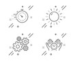 © blankstock - Sun energy, Cogwheel and Timer line icons set. Safe time sign. Solar power, Engineering tool, Deadline management. Management. Science set. Line sun energy outline icon. Vector