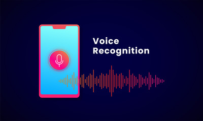 Wall Mural - Voice Recognition AI personal assistant modern technology visual concept vector illustration design. Microphone button on smartphone with digital sound wave audio spectrum line background