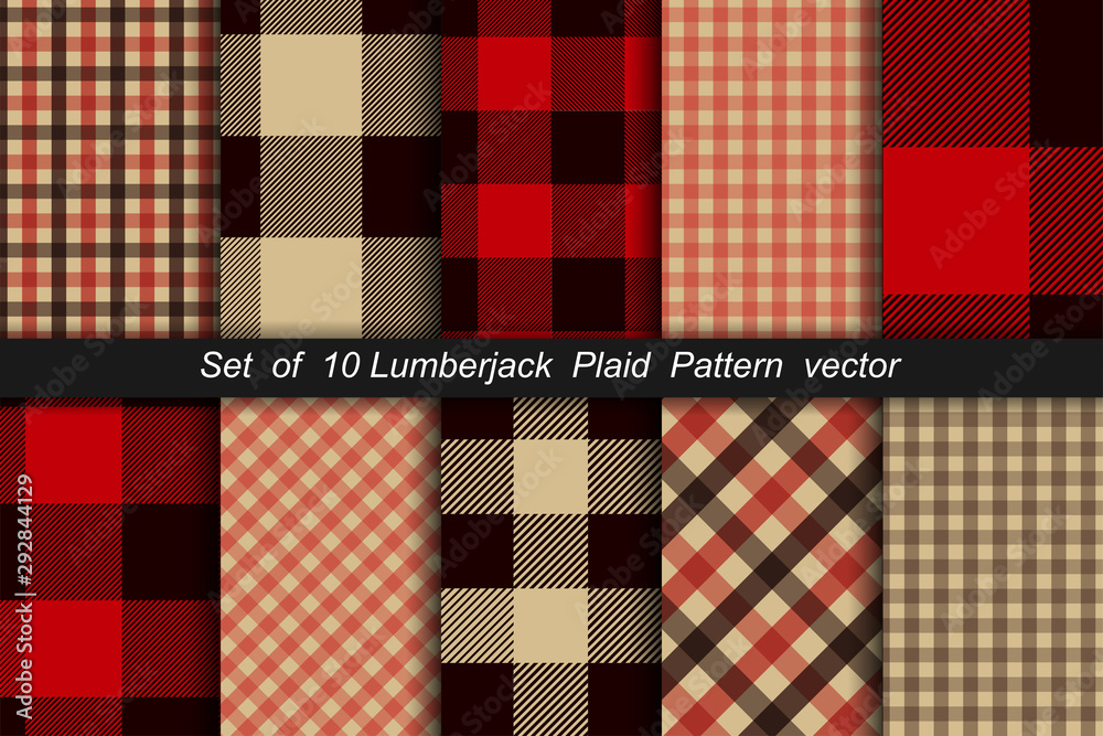 Set of 10 Lumberjack plaid pattern. Lumberjack plaid and buffalo check patterns. Lumberjack plaid tartan and gingham patterns. Vector illustration - obrazy, fototapety, plakaty 