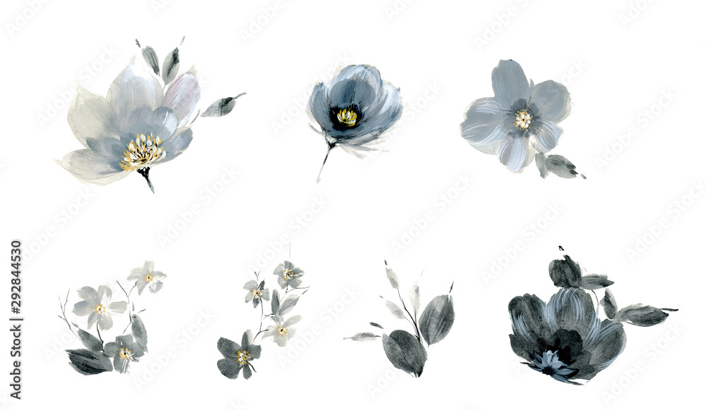 Flowers watercolor illustration.Manual composition.Big Set watercolor elements.