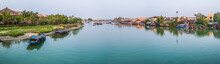 Panoramic View Of The Thu Bon River, Hoi An Old Town And Markets, From The Cam Nam Bridge, Hoi An, Quang Nam Province, Central Vietnam, Early Morning.