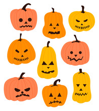 Set Of Halloween Pumpkins With Different Faces