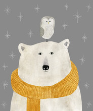Watercolor And Pencil Drawing Of A Polar Bear With An Owl On His Head. Christmas Illustration