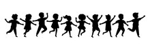 Black Silhouette Group Of Cartoon Happy Children Girl And Boy Joyfully Run. Cute Diverse Kids. Vector Illustration