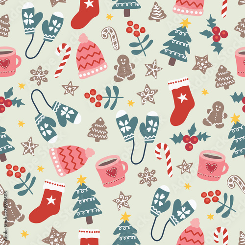 Christmas and New Year vector seamless pattern. Winter holiday season background with flat doodle objects. Hat stocking tree cookies mug mittens candy cane Scandinavian style. Xmas holidays items