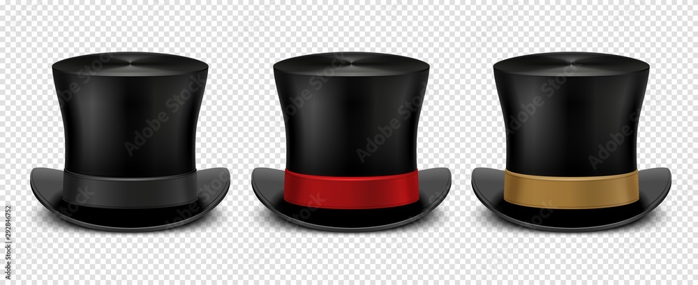 Realistic top hat. Magic hat vector. Vintage black gentleman headwears isolated on transparent background. Illustration top hat, cylinder magic for entertainment - obrazy, fototapety, plakaty 