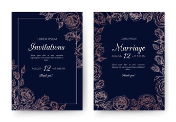 Poster - Wedding invitation. Floral wedding cards with rose frame in victorian engraving style. Vintage vector flyers. Wedding invitation poster in black colored, border floral frame illustration