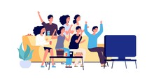 Friends Watching TV. Students Party. Young People, Teenagers With Fast Food And Drinks. Vector Fans Watch Match On TV. Illustration Tv Party Watching Football, Man And Woman Together