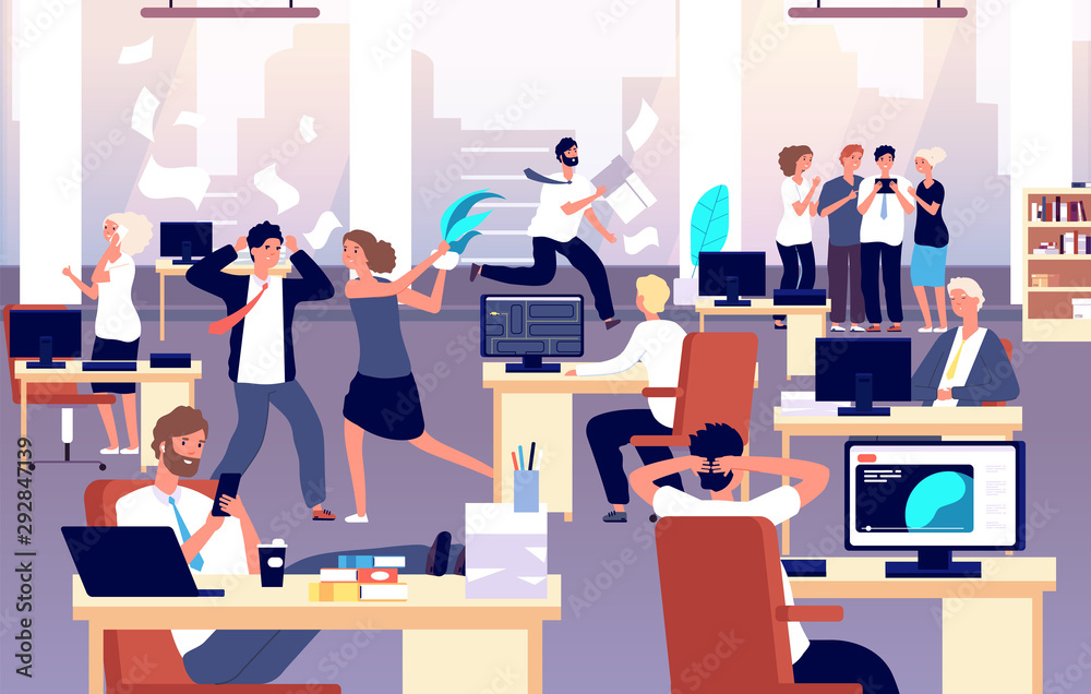 Chaos in workplace. Sleepy lazy, unorganized employees in office. Bad organization control, business corporate problems vector concept. Work office day, relax and running routine illustration - obrazy, fototapety, plakaty 