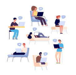 Poster - people surfing internet. persons spend time online with laptop, computer and check email and social 