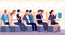 Passengers On Plane. People Traveling On Airplane Board. Airline Transportation And Tourism Vector Flat Concept. Airplane Travel, People Passenger Inside Plane Illustration