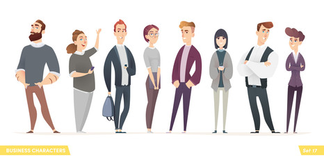 Collection of charming young entrepreneurs or businessmen and managers. Business people standing togever. Modern cartoon style