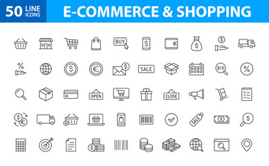 Wall Mural - Set of 50 E-commerce and shopping web icons in line style. Mobile Shop, Digital marketing, Bank Card, Gifts. Vector illustration.