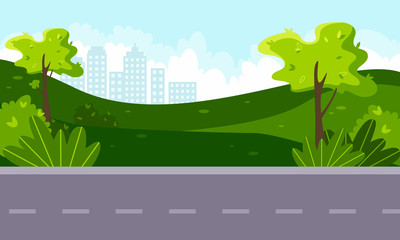 Vector flat illustration of green landscape with trees and shrubs, blue sky, country road and city in the background. Concept of preserving the green environment, ecology. Caring for the future.   